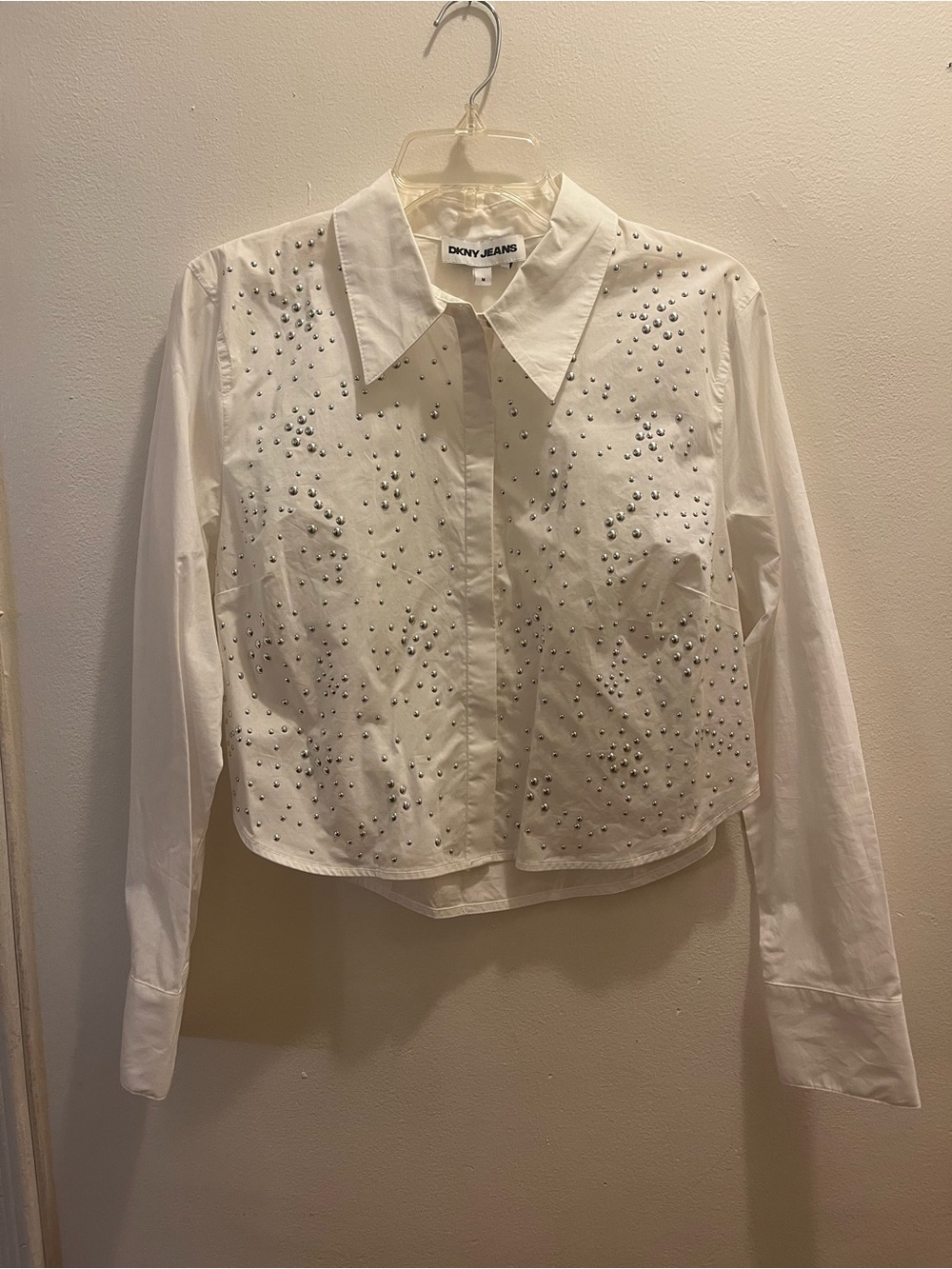 DKNY White Studded Button-Down Crop Shirt